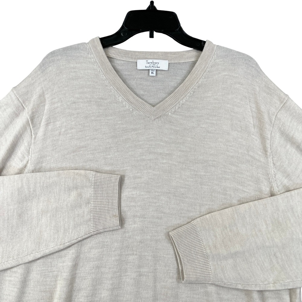 Turnbury Extra Fine Merino Wool Sweater Mens XL Beige V-Neck Lightweight Casual